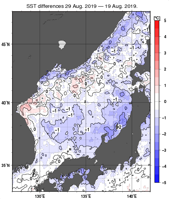 日本海の10日間の海面水温変化量分布図（8月29日）