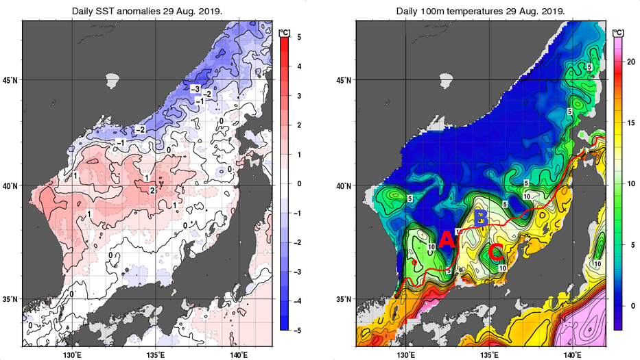 日本海の海面水温平年差分布図および深さ100mの水温分布図（8月29日）