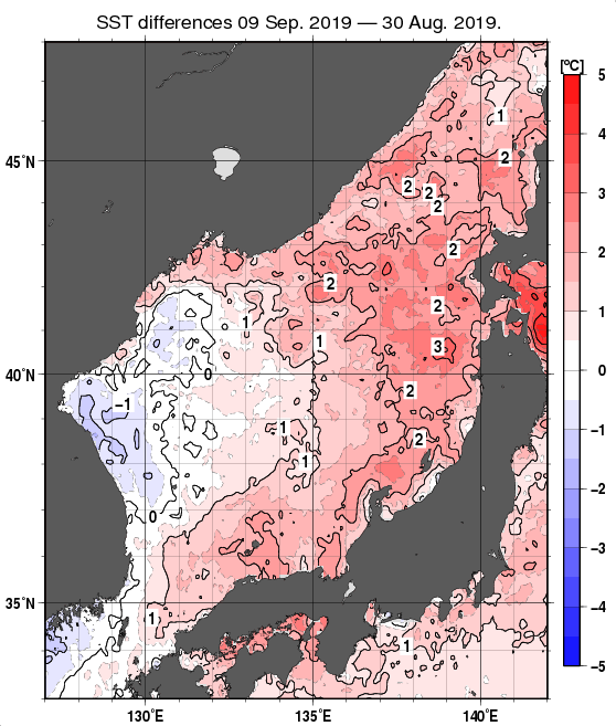 日本海の10日間の海面水温変化量分布図（9月9日）