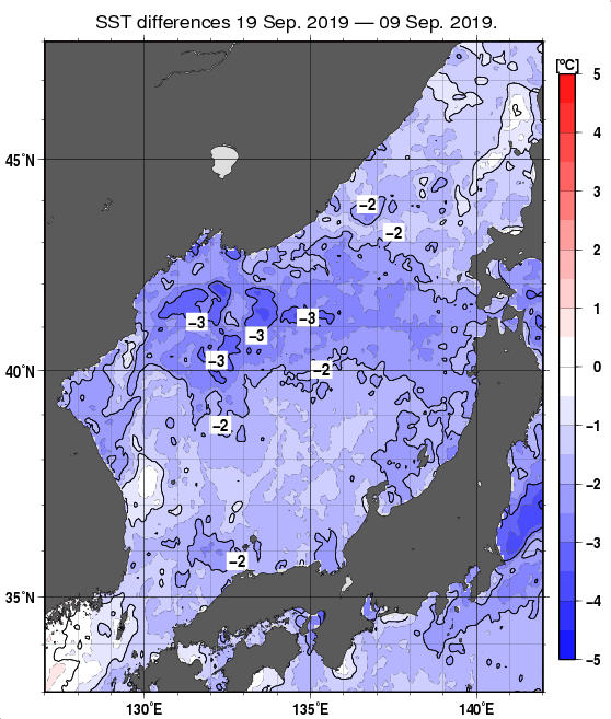 日本海の10日間の海面水温変化量分布図（9月19日）