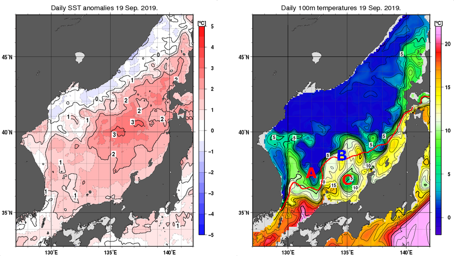 日本海の海面水温平年差分布図および深さ100mの水温分布図（9月19日）