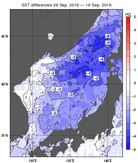 日本海の10日間の海面水温変化量分布図（9月29日）