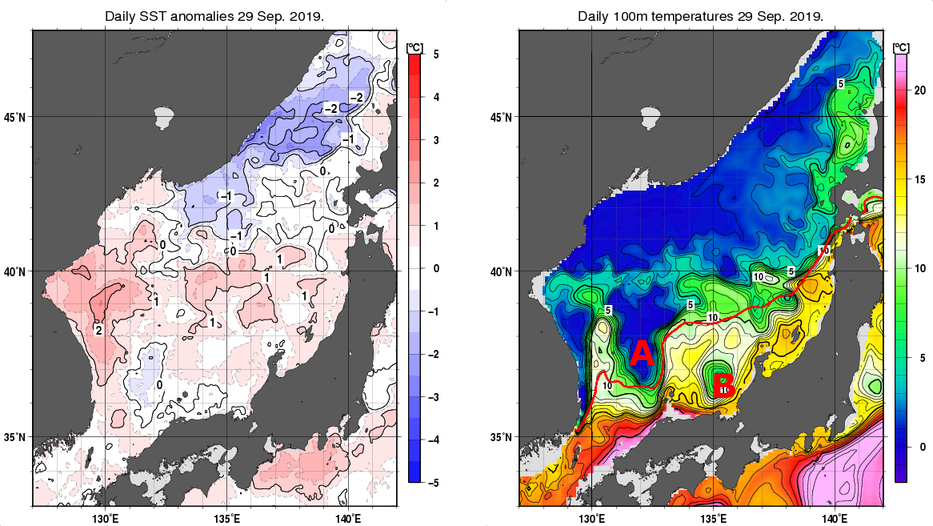 日本海の海面水温平年差分布図および深さ100mの水温分布図（9月29日）