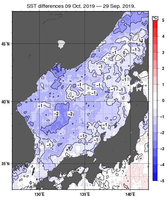日本海の10日間の海面水温変化量分布図（10月9日）