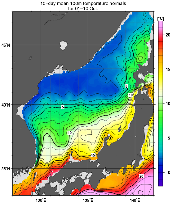 日本海の深さ100mの水温の旬別平年値(1982～2010年の29年間の平均)(10月上旬)