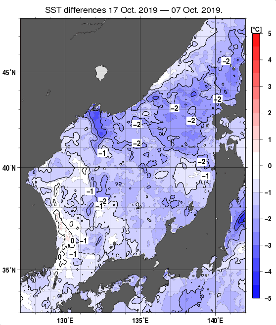 日本海の10日間の海面水温変化量分布図（10月17日）