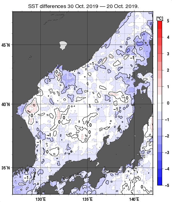 日本海の10日間の海面水温変化量分布図（10月30日）