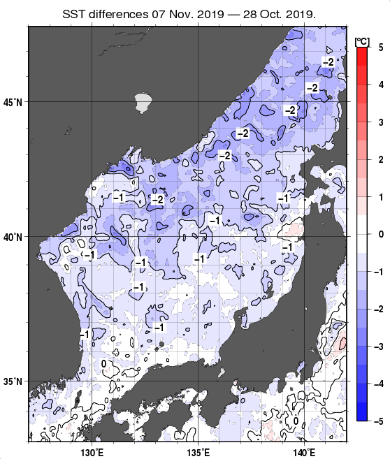 日本海の10日間の海面水温変化量分布図（11月7日）