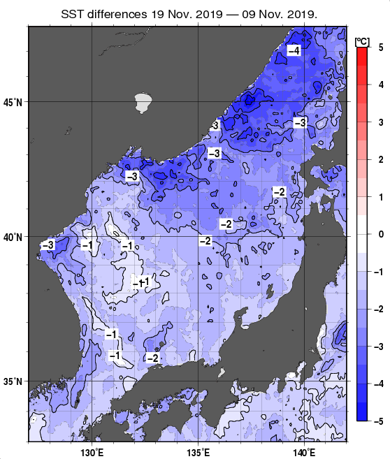 日本海の10日間の海面水温変化量分布図（11月19日）