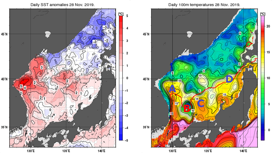 日本海の海面水温平年差分布図および深さ100mの水温分布図（11月28日）