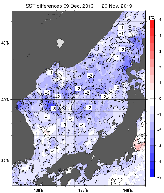 日本海の10日間の海面水温変化量分布図（12月9日）