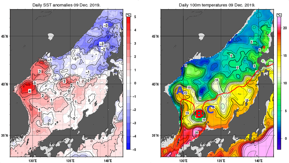 日本海の海面水温平年差分布図および深さ100mの水温分布図（12月9日）
