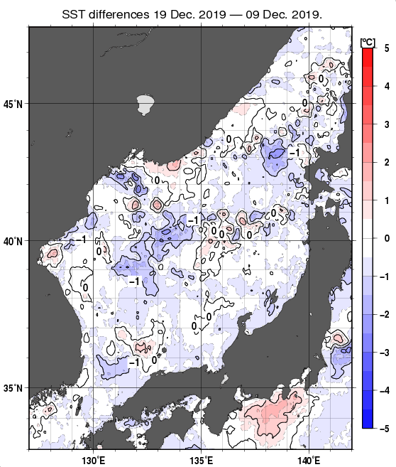 日本海の10日間の海面水温変化量分布図（12月19日）