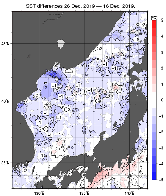 日本海の10日間の海面水温変化量分布図（12月26日）