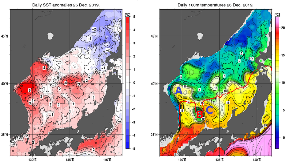 日本海の海面水温平年差分布図および深さ100mの水温分布図（12月26日）