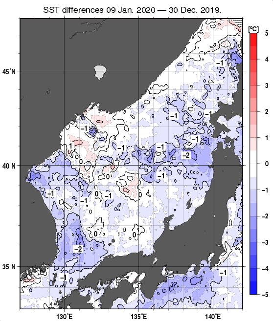 日本海の10日間の海面水温変化量分布図（1月9日）
