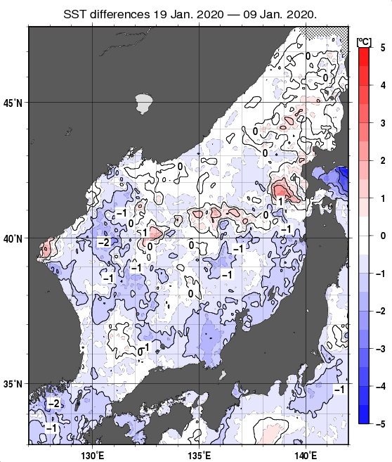 日本海の10日間の海面水温変化量分布図（1月19日）