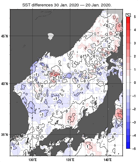 日本海の10日間の海面水温変化量分布図（1月30日）