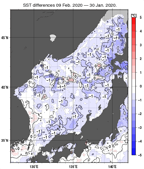 日本海の10日間の海面水温変化量分布図（2月9日）