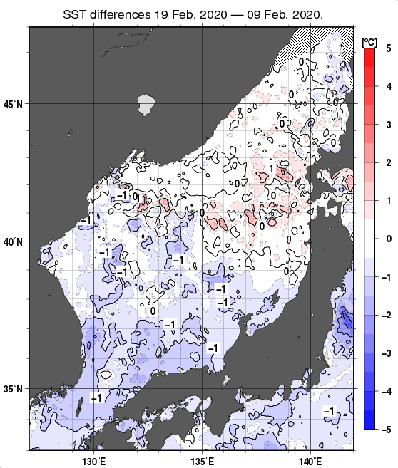 日本海の10日間の海面水温変化量分布図（2月19日）