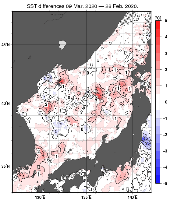 日本海の10日間の海面水温変化量分布図（3月9日）