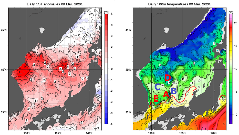 日本海の海面水温平年差分布図および深さ100mの水温分布図（3月9日）
