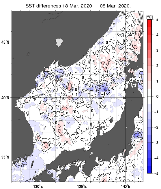 日本海の10日間の海面水温変化量分布図（3月18日）