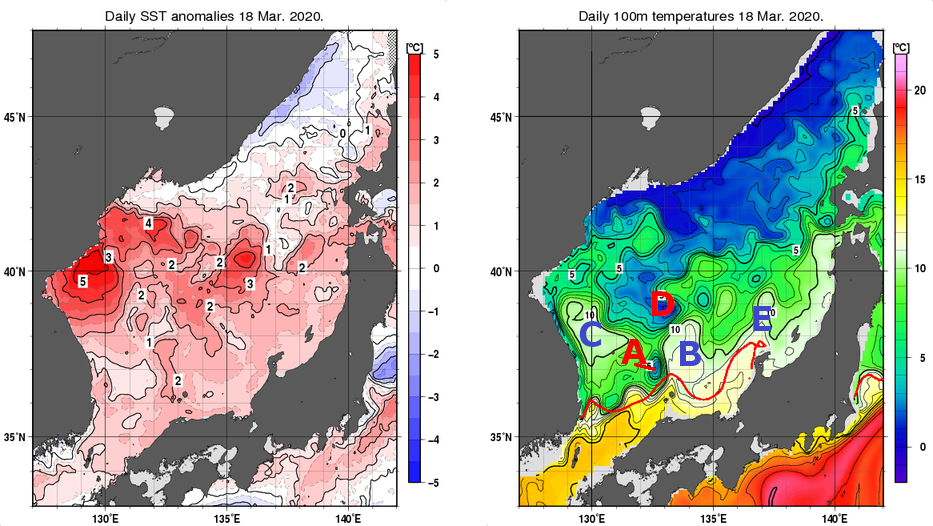 日本海の海面水温平年差分布図および深さ100mの水温分布図（3月18日）