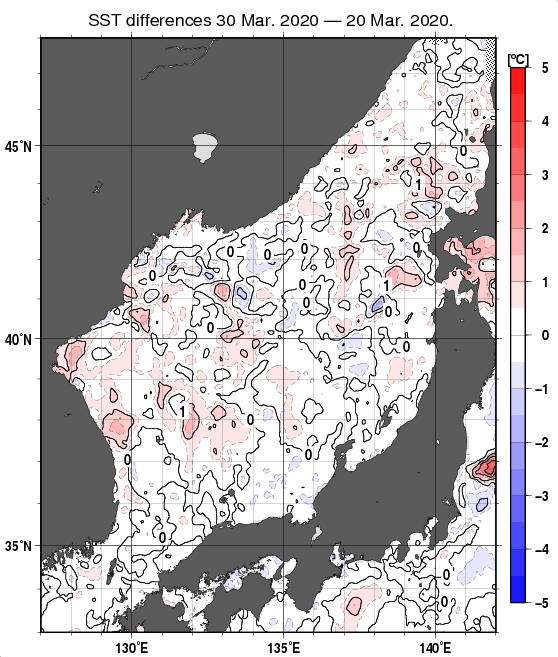 日本海の10日間の海面水温変化量分布図（3月30日）