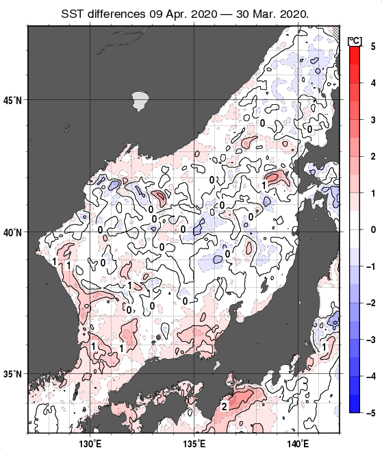 日本海の10日間の海面水温変化量分布図（4月9日）