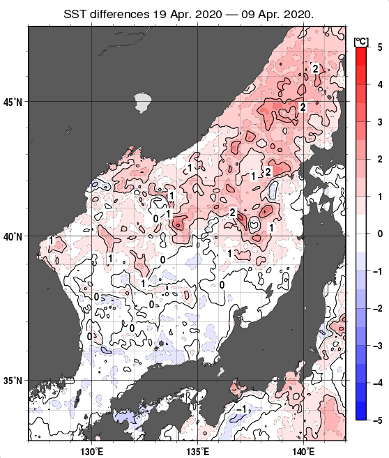 日本海の10日間の海面水温変化量分布図（4月19日）
