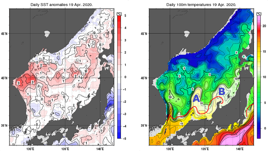 日本海の海面水温平年差分布図および深さ100mの水温分布図（4月19日）