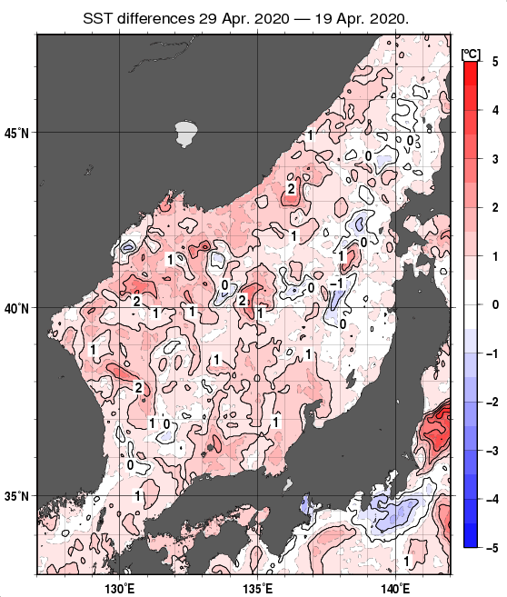 日本海の10日間の海面水温変化量分布図（4月29日）