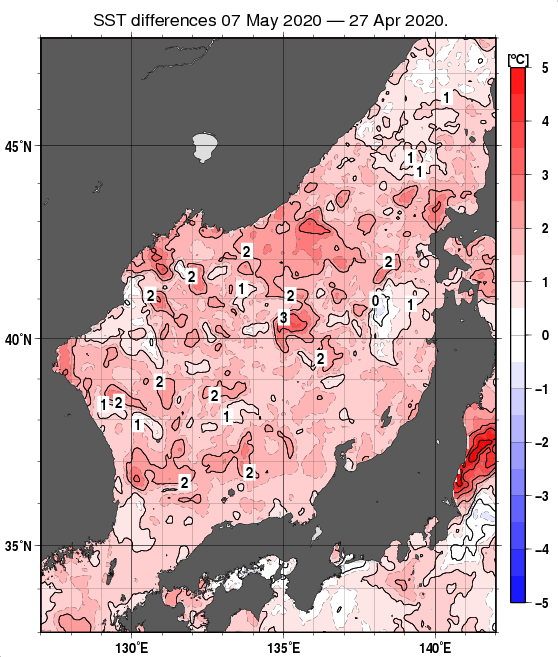 日本海の10日間の海面水温変化量分布図（5月7日）