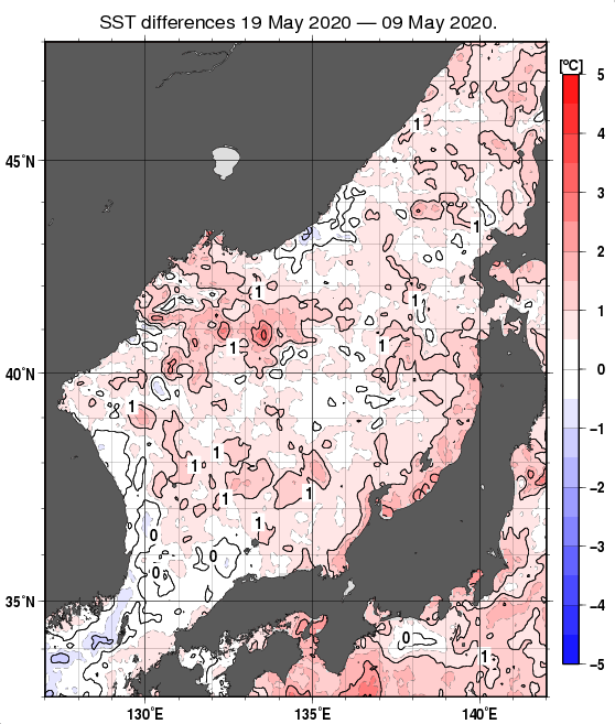 日本海の10日間の海面水温変化量分布図（5月19日）
