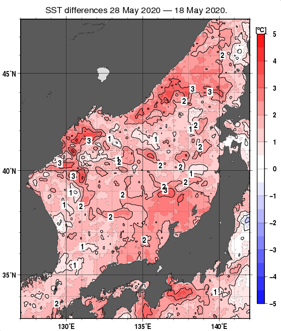 日本海の10日間の海面水温変化量分布図（5月28日）