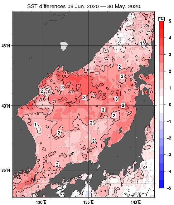 日本海の10日間の海面水温変化量分布図（6月9日）
