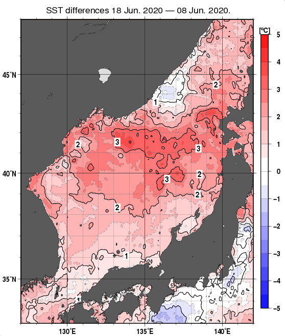 日本海の10日間の海面水温変化量分布図（6月18日）