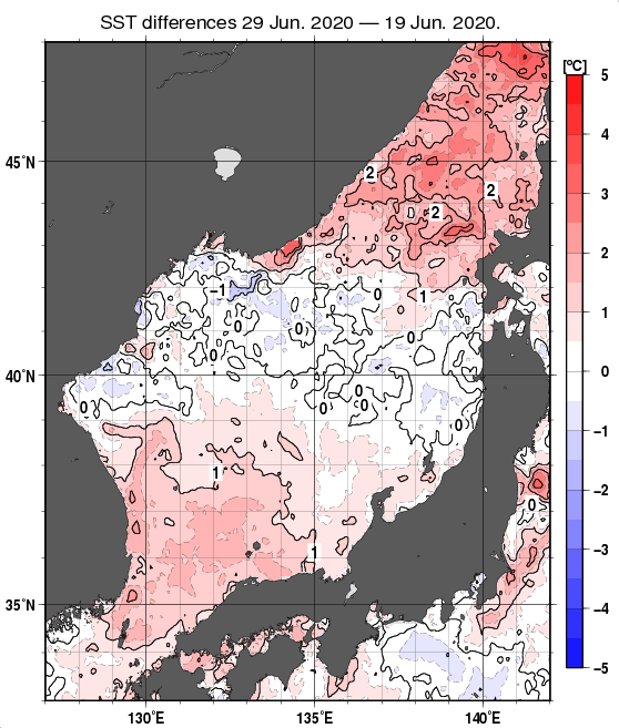 日本海の10日間の海面水温変化量分布図（6月29日）