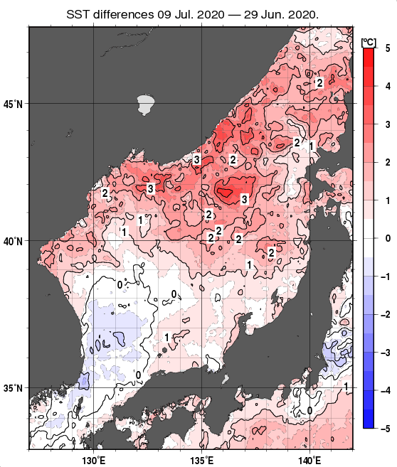 日本海の10日間の海面水温変化量分布図（7月9日）