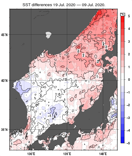 日本海の10日間の海面水温変化量分布図（7月19日）