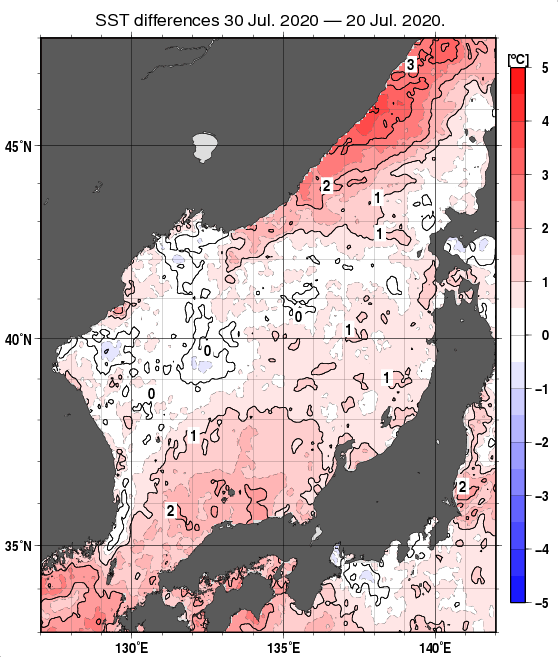日本海の10日間の海面水温変化量分布図（7月30日）