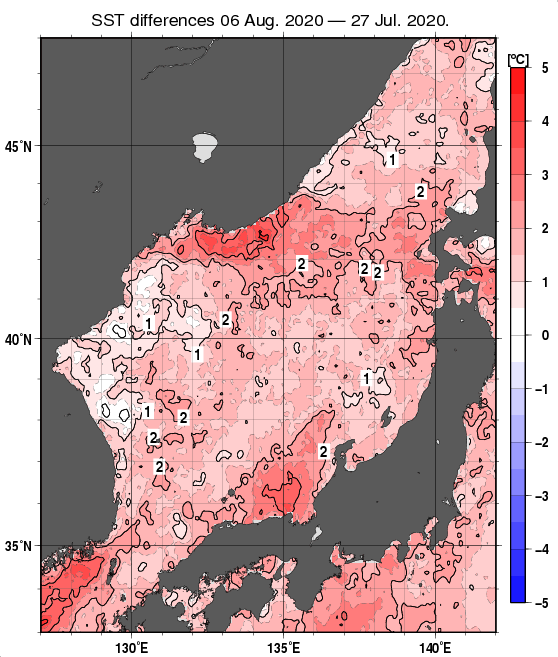 日本海の10日間の海面水温変化量分布図（8月6日）