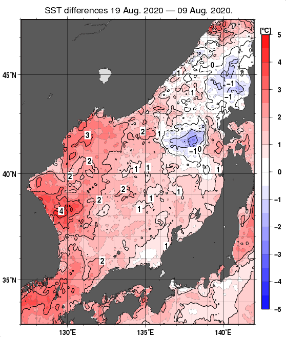 日本海の10日間の海面水温変化量分布図（8月19日）