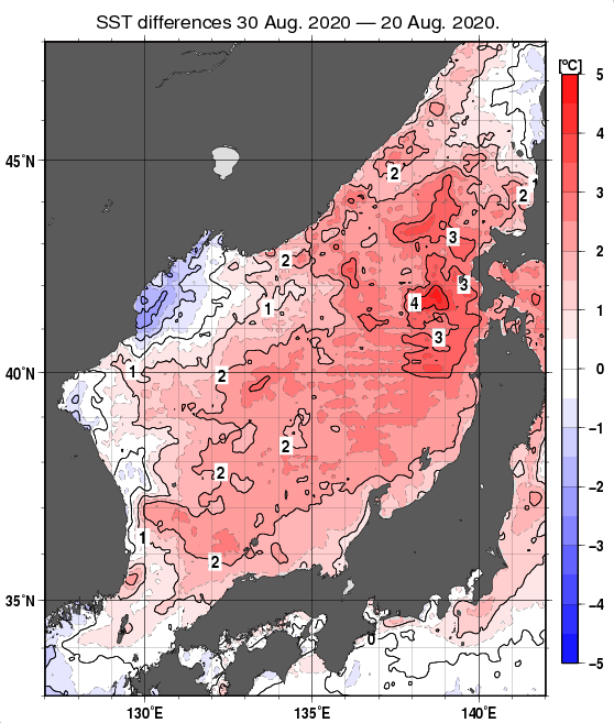 日本海の10日間の海面水温変化量分布図（8月30日）