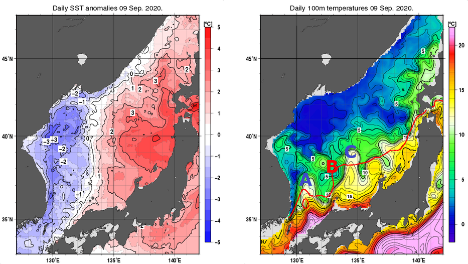 日本海の海面水温平年差分布図および深さ100mの水温分布図（9月9日）
