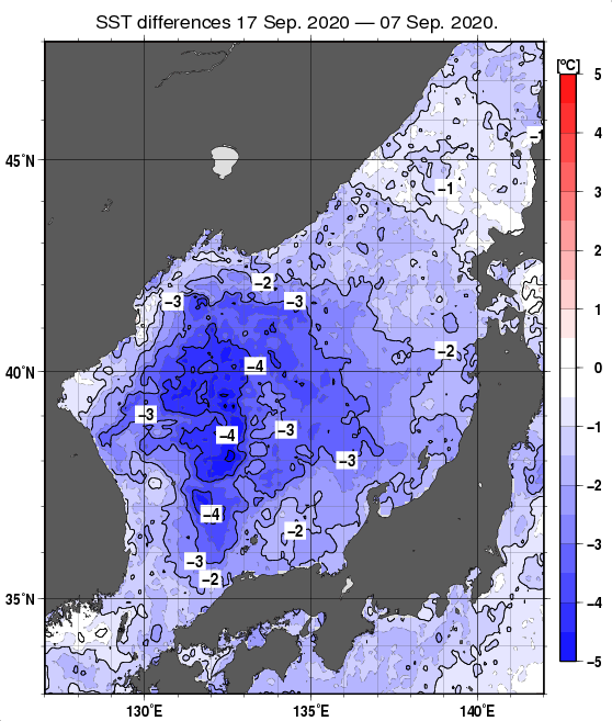 日本海の10日間の海面水温変化量分布図（9月17日）