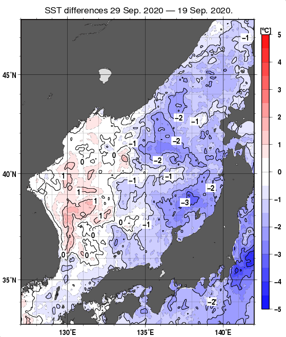 日本海の10日間の海面水温変化量分布図（9月29日）