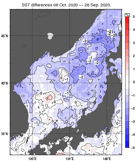 日本海の10日間の海面水温変化量分布図（10月8日）