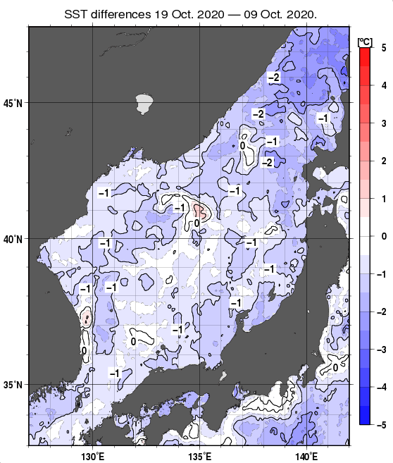 日本海の10日間の海面水温変化量分布図（10月19日）
